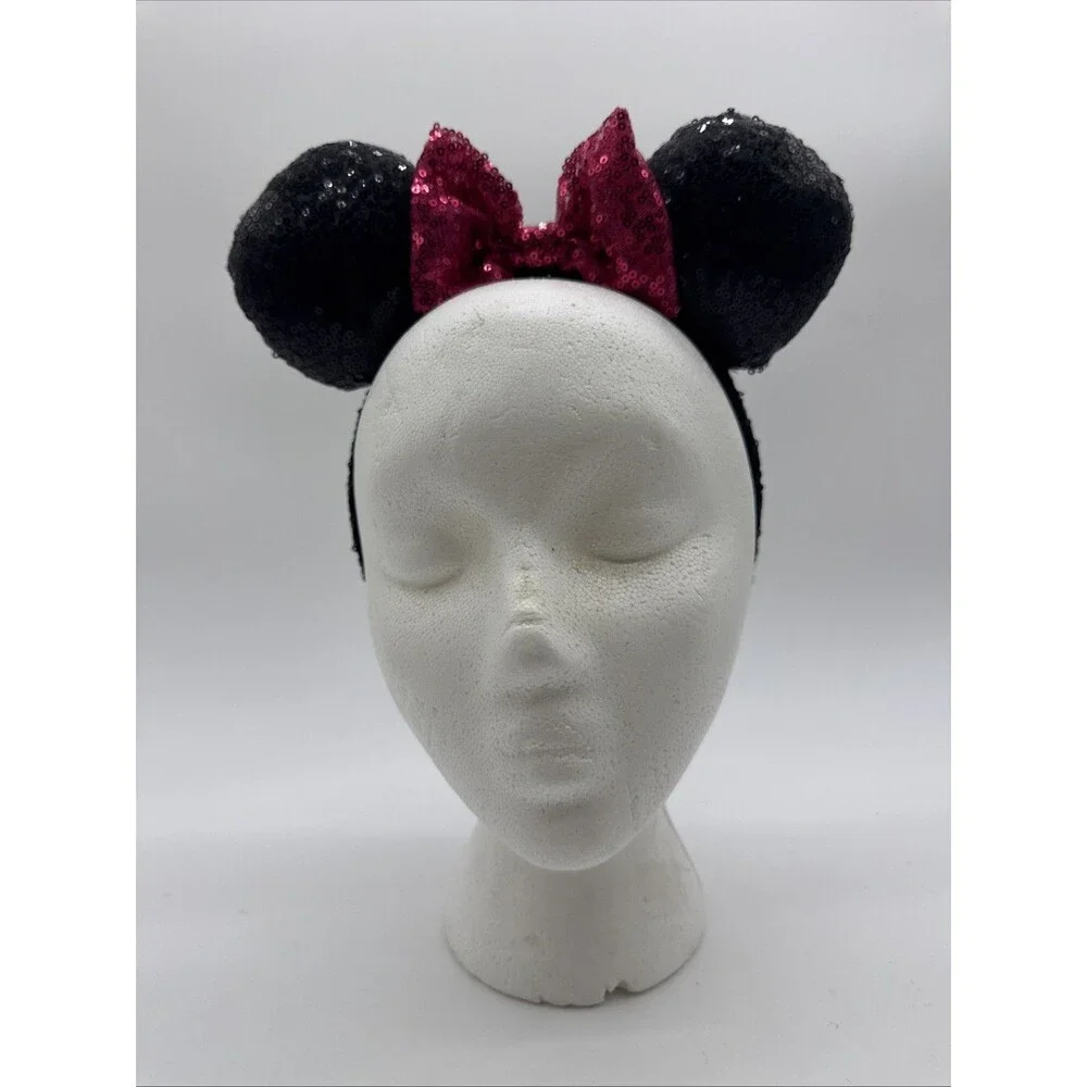 DISNEY PARKS Minnie Mouse Black Sequin Pink Sequin Bow Ear Headband